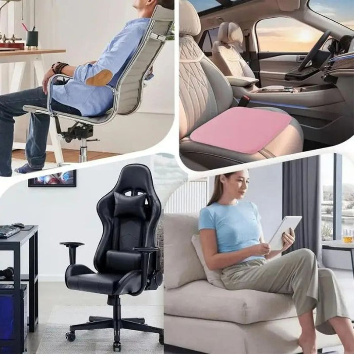 Montagem mostrando diferentes usos da almofada ergonômica conforto premium — em cadeira de escritório, banco de carro, cadeira gamer e sofá — destacando sua versatilidade e conforto em ambientes de trabalho, lazer e direção.