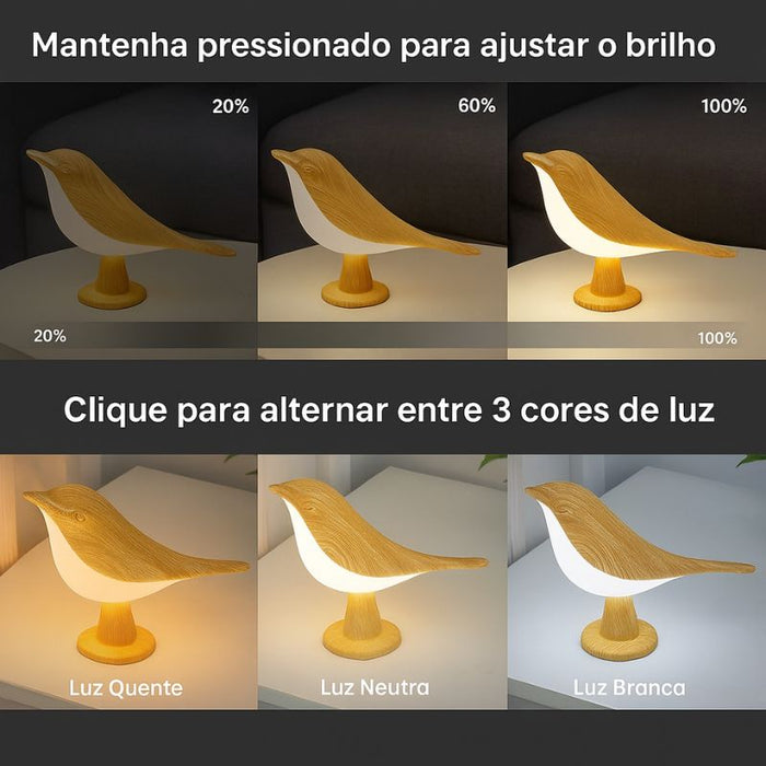 Luminária em formato de pássaro mostrando três níveis de brilho e três cores de luz: quente, neutra e branca.