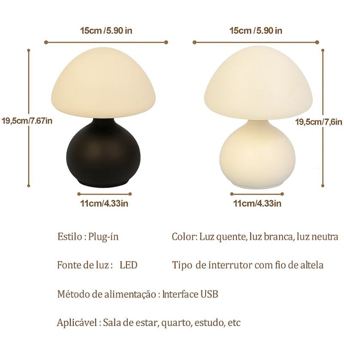 Imagem comparativa de duas luminárias cogumelo, mostrando medidas, cores e características técnicas do produto.
