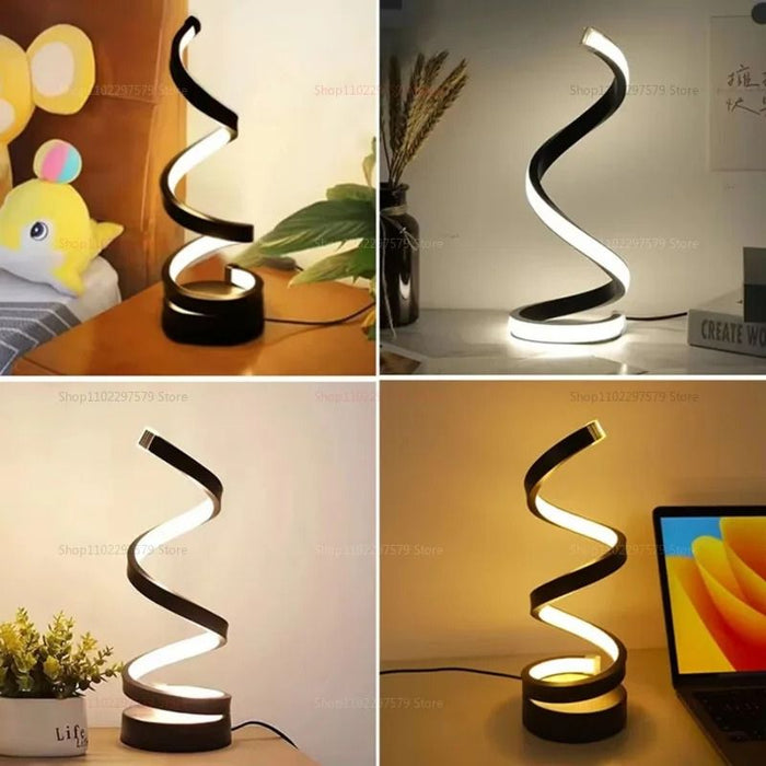 Candeeiro de mesa moderno em formato espiral com iluminação LED quente, ideal para mesa de cabeceira ou escritório.
