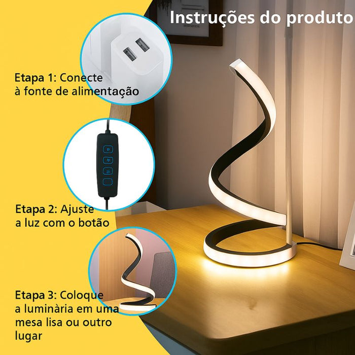 Luminária espiral LED ajustável com controle de intensidade e luz personalizável, em ambiente de quarto aconchegante.