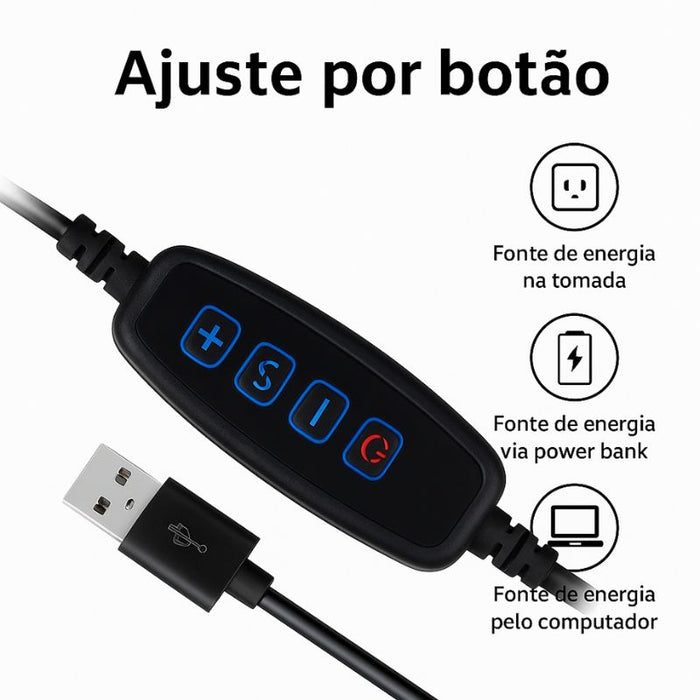 Controle remoto com botões para ajuste de brilho e temperatura de cor do candeeiro de mesa espiral.