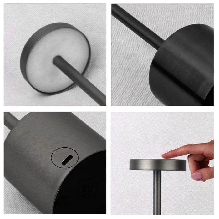 Detalhes em close da Luminária Decorativa Touch LED Premium mostrando acabamento metálico fosco e entrada de carregamento USB.